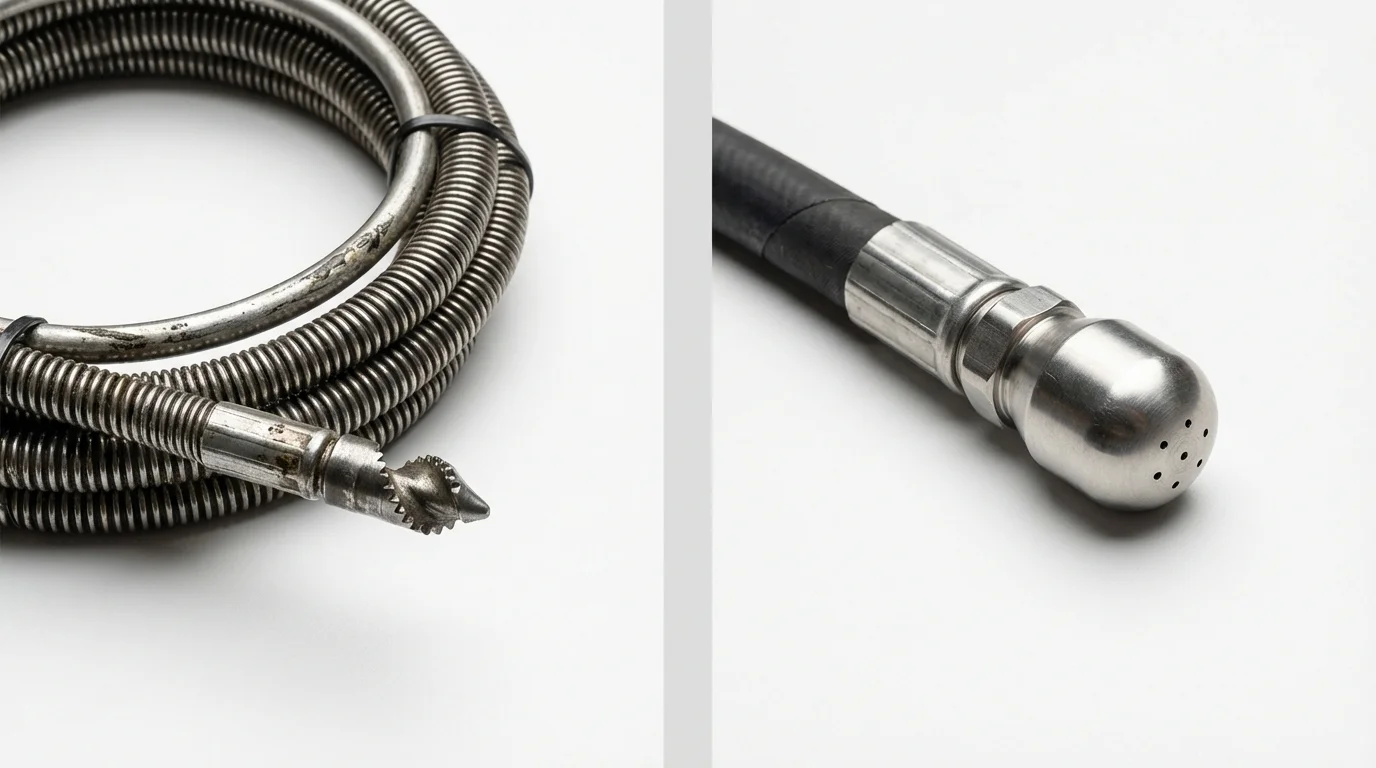 Drain snake cable and hydro jetting nozzle used for drain cleaning in Covington, OH