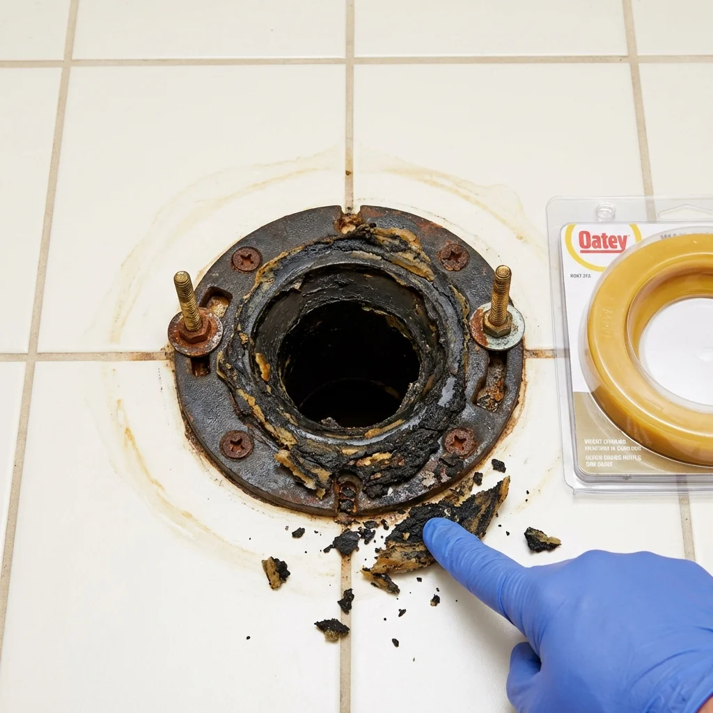 Failed wax ring showing water seepage at the base of a toilet in a Covington, OH home