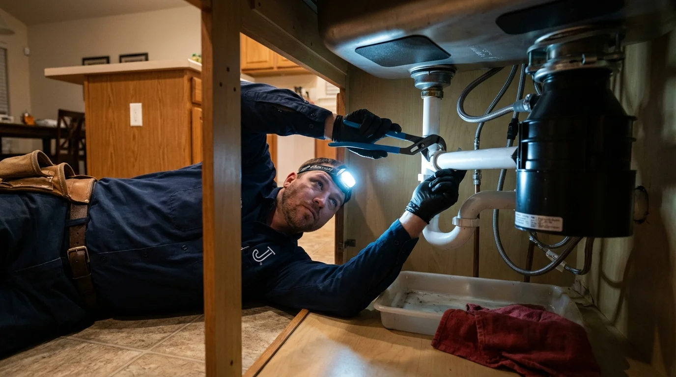 P-trap and supply line connections under a kitchen sink showing a common leak point in Covington, OH